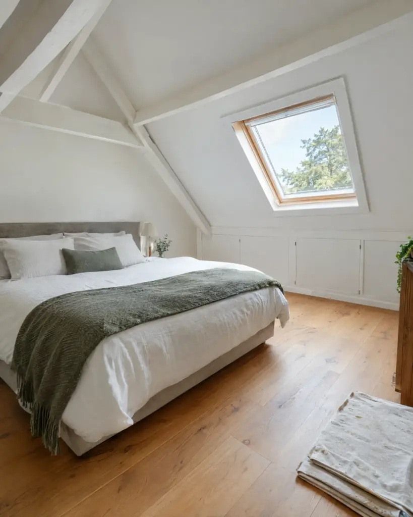 Strak gestucte zolderkamer met glad plafond en wanden