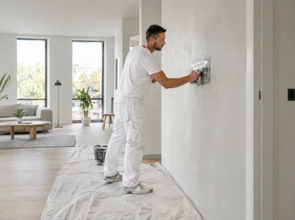 Stukadoor van Van Arte stuct een wand strak in een lichte woonkamer
